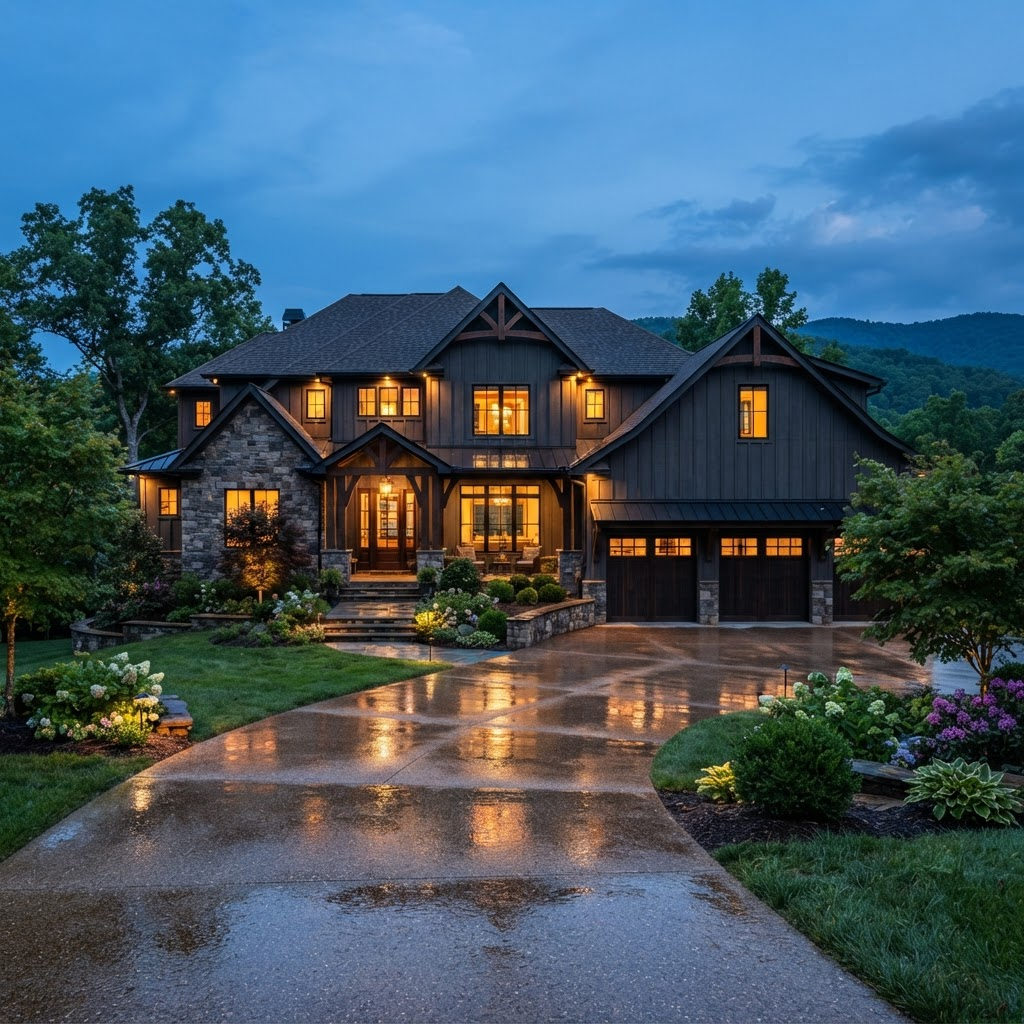 Luxury custom home built by Doles Construction at dusk