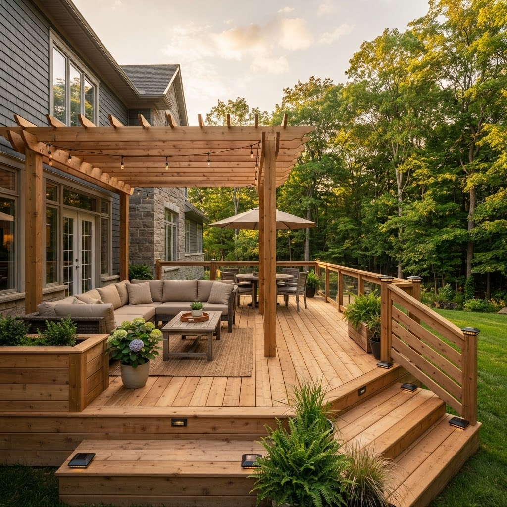 Custom wooden deck with pergola built by Doles Construction